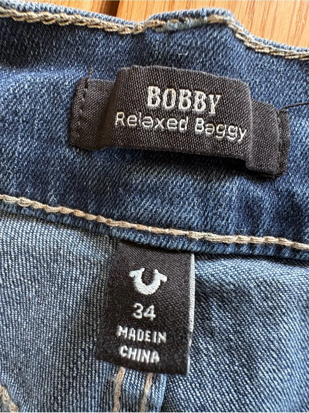 True Religion Bobby Baggy Mens Jeans W34 L32 Applique Blue Distressed Denim